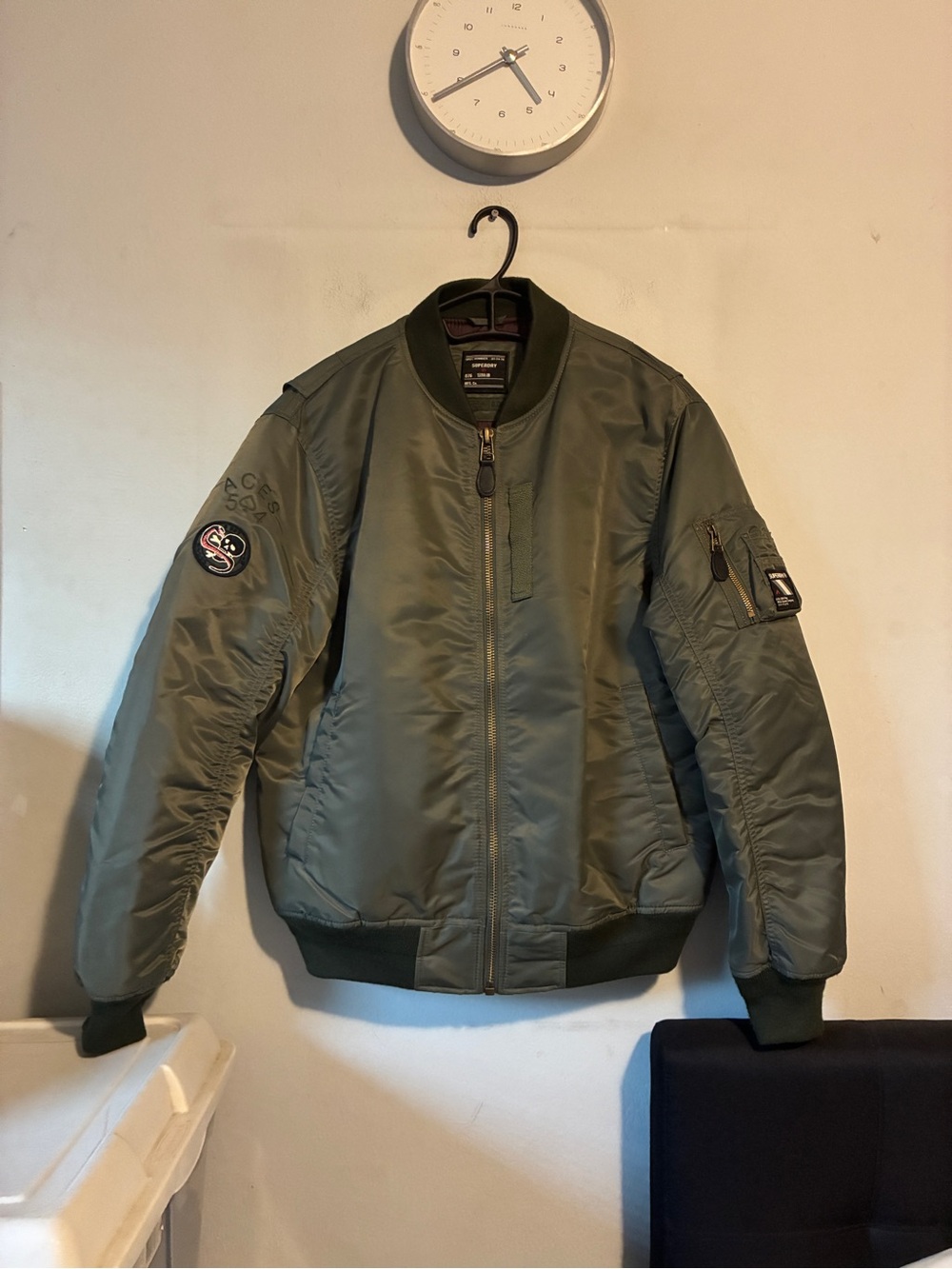 Superdry Men's Olive Bomber Jacket with Sleeve Patch